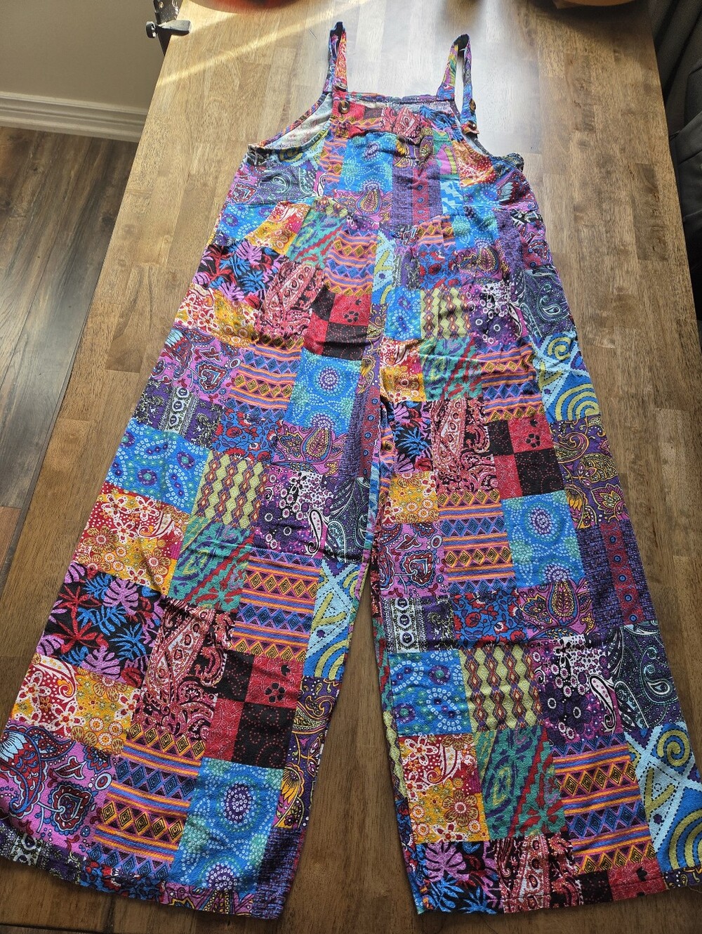 Cotton Blend Multicolor Patchwork Wide-Leg Jumpsuit Adjustable Straps